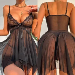 Women's Sexy Nightwear Black Lace Mesh Perspective Exotic Dress Sexy Lingerie Women Pajamas Ackless Female Sexy Nighties