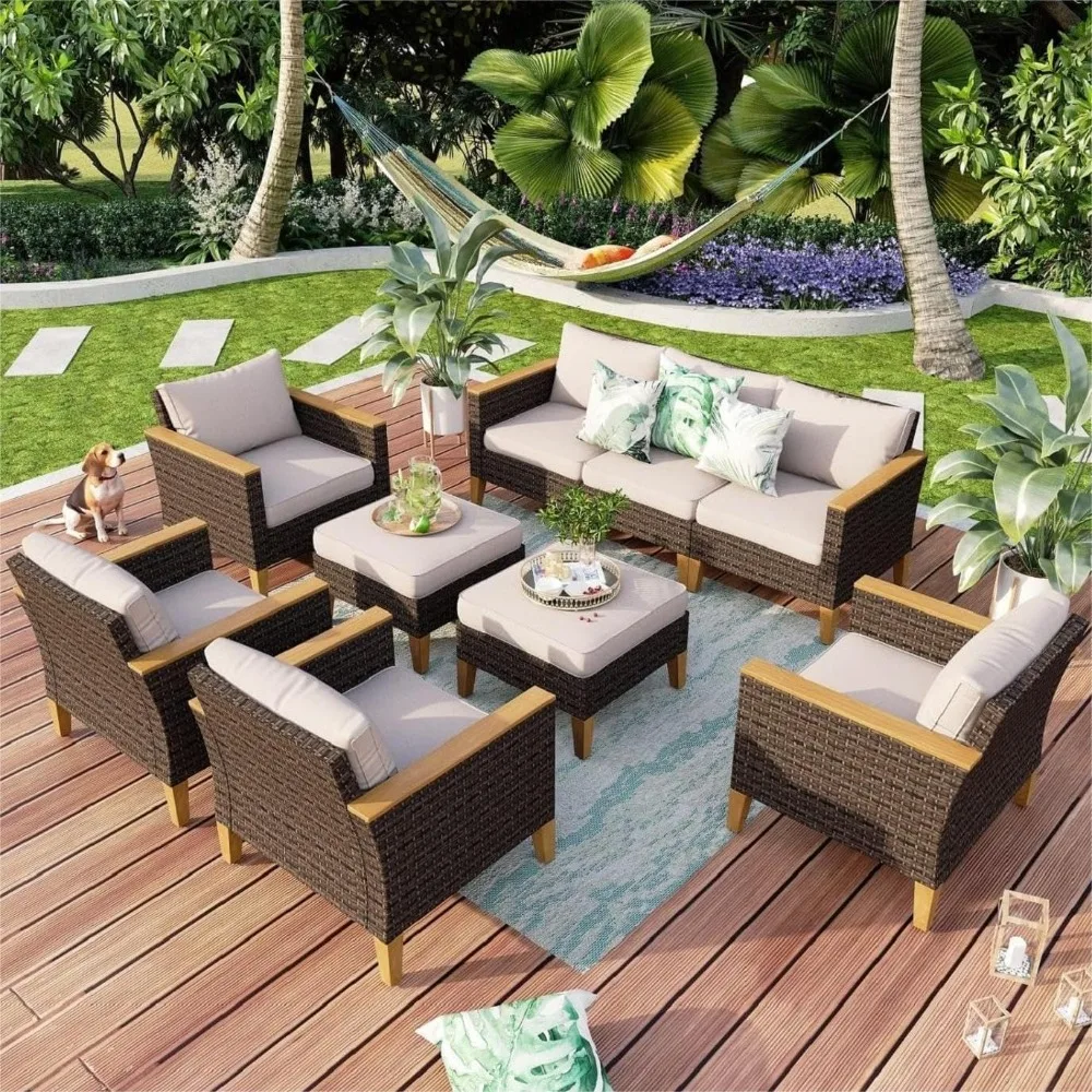 9 Seat Extra Large Wicker Patio Furniture Set,  Rattan Patio Conversation Sets, 4 x Armrest Sofa, 3-Seat Sofa, 2 x Ottoman