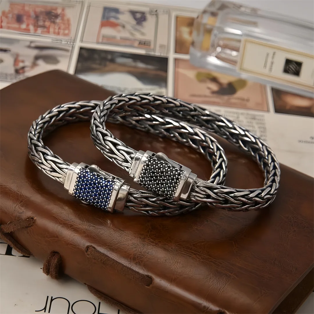 BOCAI New S925 Sterling Silver Charms Bangle for Men Antique Woven  Chain  Micro Zircon Wide Bracelet Fine Choice Jewelry
