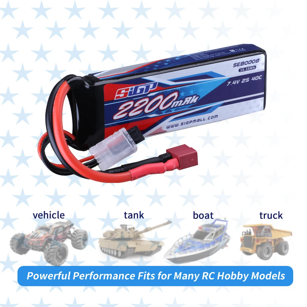 SIGP 2S Lipo Battery for 2200mAh 40C with T Plug Fast Heat RC Vehicles Car Tank Truck Boat Truggy Racing Model Hobby 2Packs