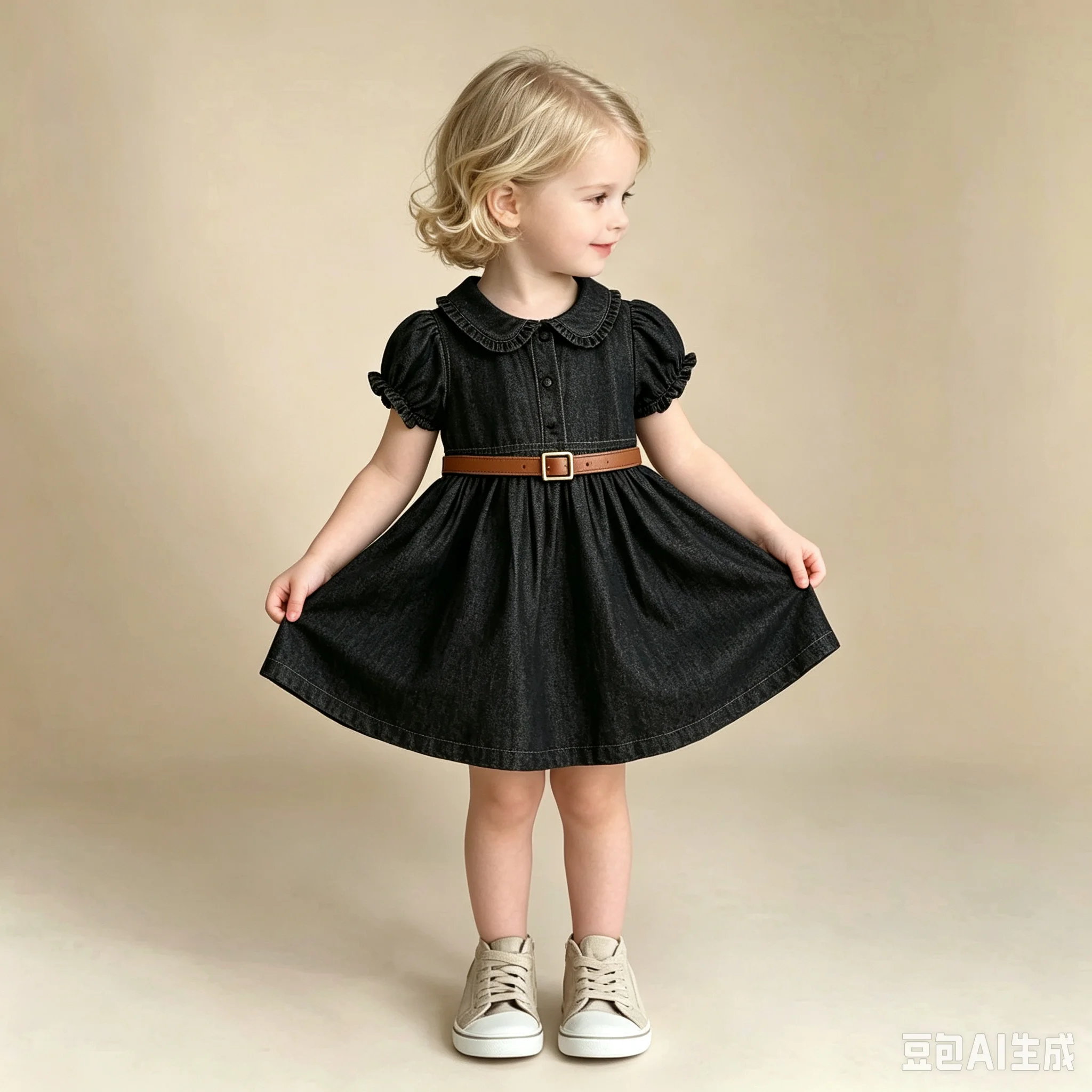 Little Girls  Denim Dress, Peter Pan Ruffle Collar Puff Short Sleeve Summer  Toddler Girl Casual A‑Line Swing Holiday Outfit