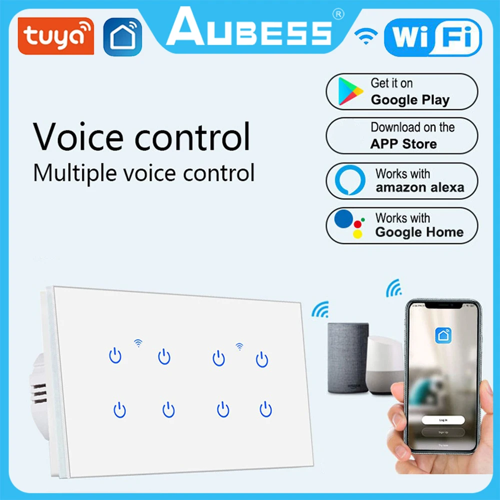 Tuya WiFi EU Smart Light Switch Wall Touch Panel Without Neutral Single Fire Work With Alexa Google Home 2/3/4/5/6/8 Gang