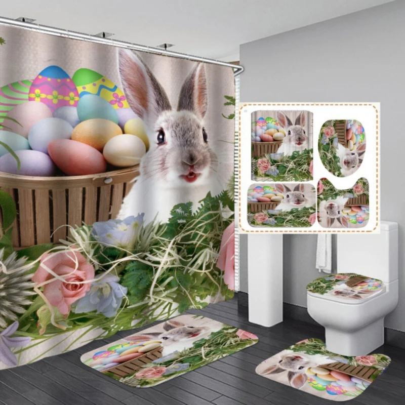 4 Pcs Shower Curtain Set with Non-Slip Rugs Toilet Lid Cover and Bath Mat Easter Bunny and Egg Design Bathroom Decor Waterproof