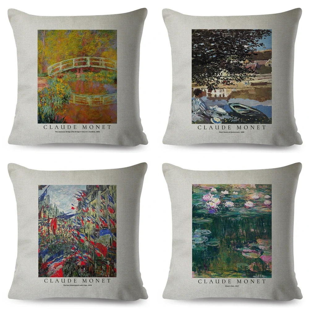 Nordic Impression Claude Monet Polyester Pillow Case for Sofa Decor Abstract Landscape Double Print Cushion Cover Pillowcase