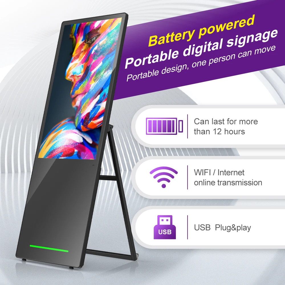 مشغل إعلانات داخلي لافتات رقمية محمولة مقاس 43 بوصة، ملصق رقمي LCD يعمل باللمس الذكي وبطارية أندرويد