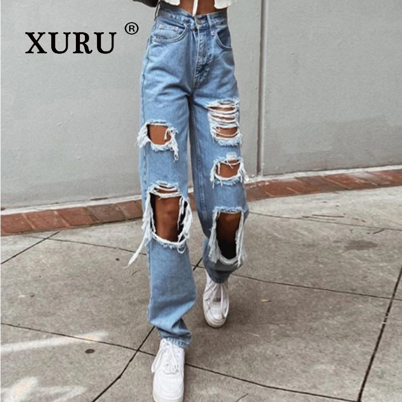 XURU-Women's High-waisted Broken Hole Jeans, Thin Section Jeans, New, Summer Street, Europe and The United States, N3-3143