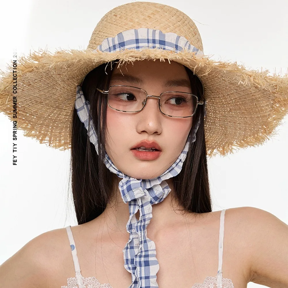 

Casual UV Protection Lafite Straw Hat Lace-up Blue Plaid Beach Hat Sunscreen Ribbon Outdoor Visor Cap Woman/Female