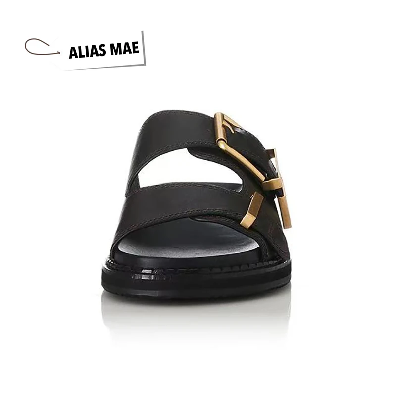 ALIAS MAE2025 Lente Nieuwe Lederen Splicing Stiksels Een Woord Gesp vrouwen Platte Platte Casual Comfortabele Sandalen