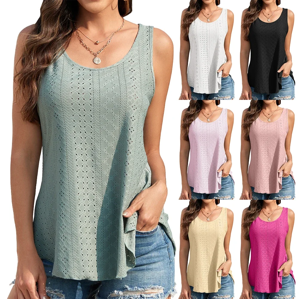 

2024 Womens Tank Tops U Neck Casual Vest Dolphin Hem Casual Flowy Summer Sleeveless Tunic Tshirts