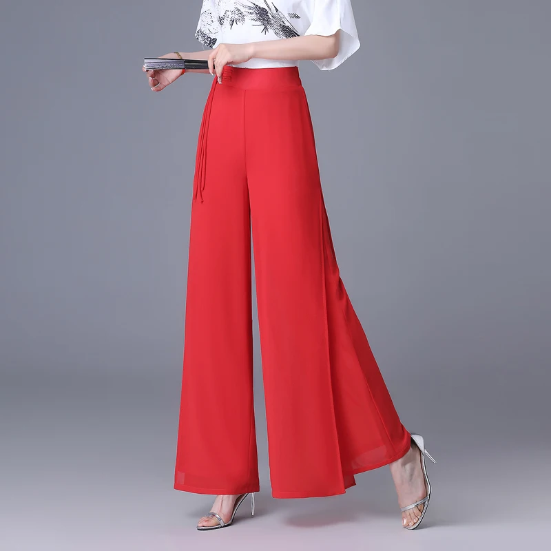 Summer 2025 Women's High Waist Chiffon Wide Leg Pants Draped Double Layer Split Dance Ethnic Sle Casual Pants