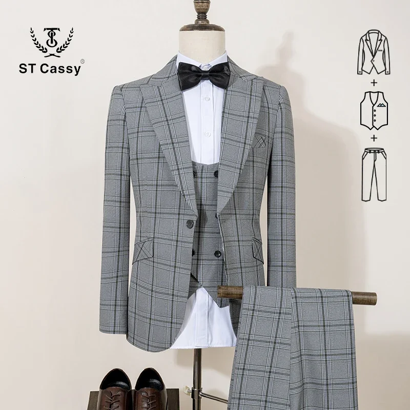 

ST Cassy Checkered suit Formal Business Office Slim fit casual Gray grid suit （jacket+Vest+Pants）Complete set of 3 pieces
