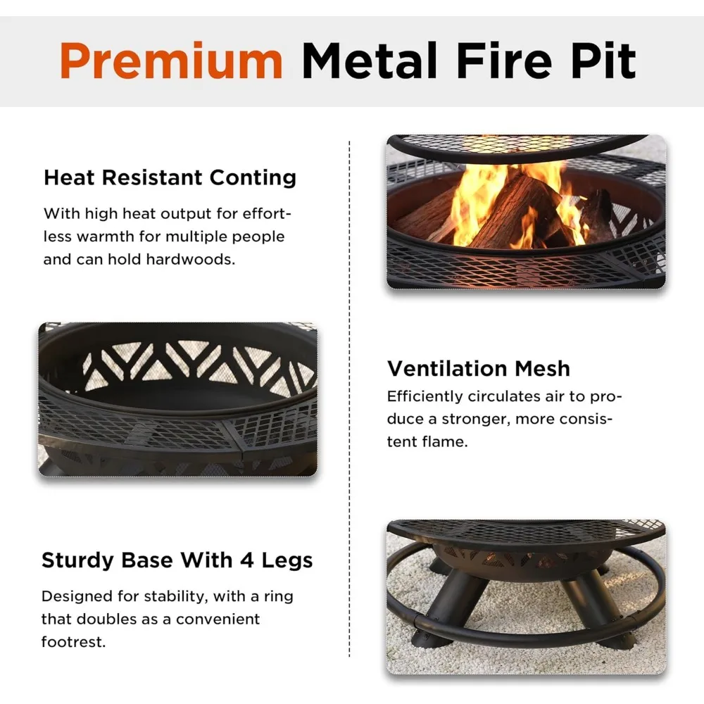 حفرة نار كبيرة محروقة للخشب في الهواء الطلق مزدوجة الأغراض مع شواية قابلة للتعديل، مثالية لحرائق الفناء