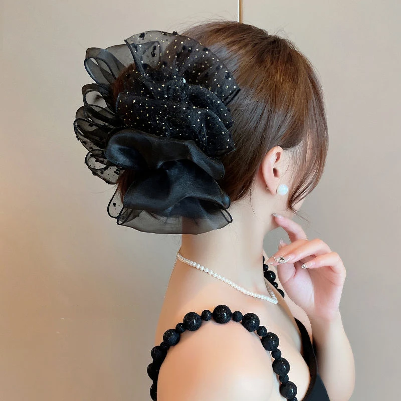 Klips rekina Akcesoria do włosów dla kobiet Duże eleganckie kropki Czarne dwustronne siateczkowe kokardki Dziewczęce spinki do włosów Bubble Crab Clip Barrettes