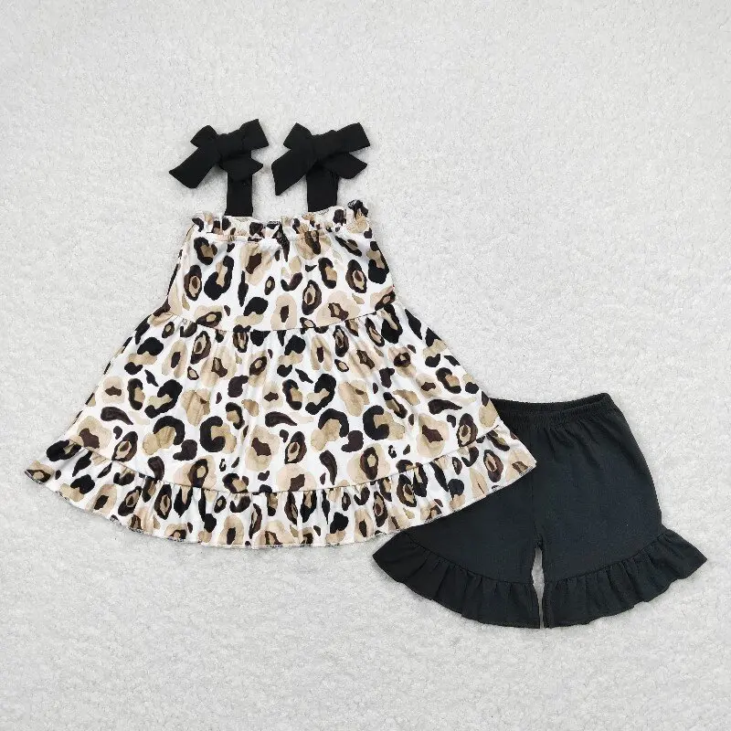 

X12.22 GSSO0738 Summer baby girl clothing wholesale leopard print black suspender shorts set