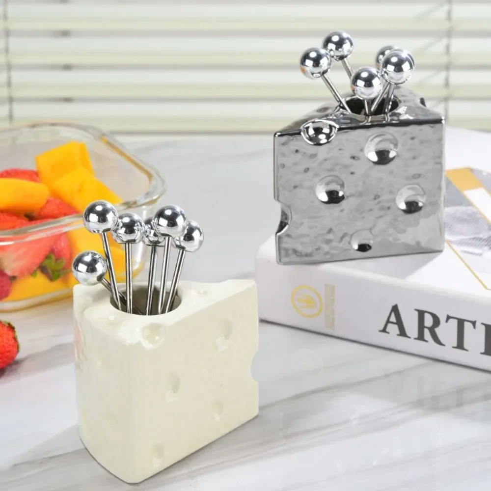 

Керамическая вилка для сыра и фруктов, милая вилка для салата, банка для хранения из нержавеющей стали, высококачественный набор вилок для фруктов из 4 предметов, посуда для дома, отеля