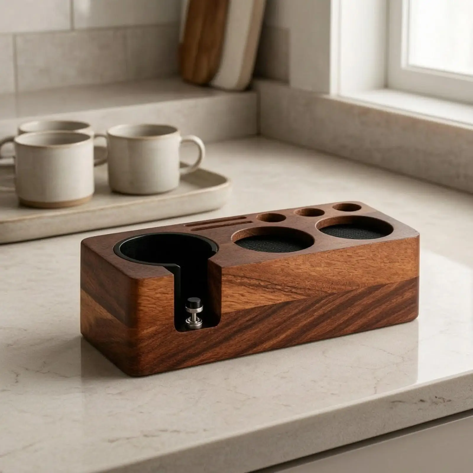 Solid Wood Coffee Tamping Distributor Holder Espresso Tool Rack with Compressing Base for 51-58mm Portafilter and Tamper