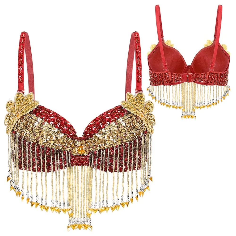 

Очаровательные топы для танца живота с кисточками из бисера, регулируемые бретели, бюстгальтер с блестками для ночного клуба, блестящий сценический бюстгальтер на косточках для женщин