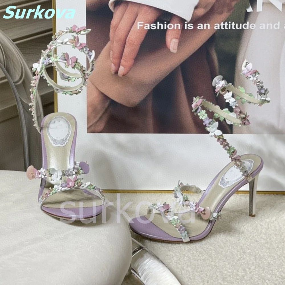 Butterfly Flower Sandals Round Toe Ankle Wrap Thin High Heels Stilettos Summer Fashion Beautiful Sexy Women Shoes Luxury Shoes