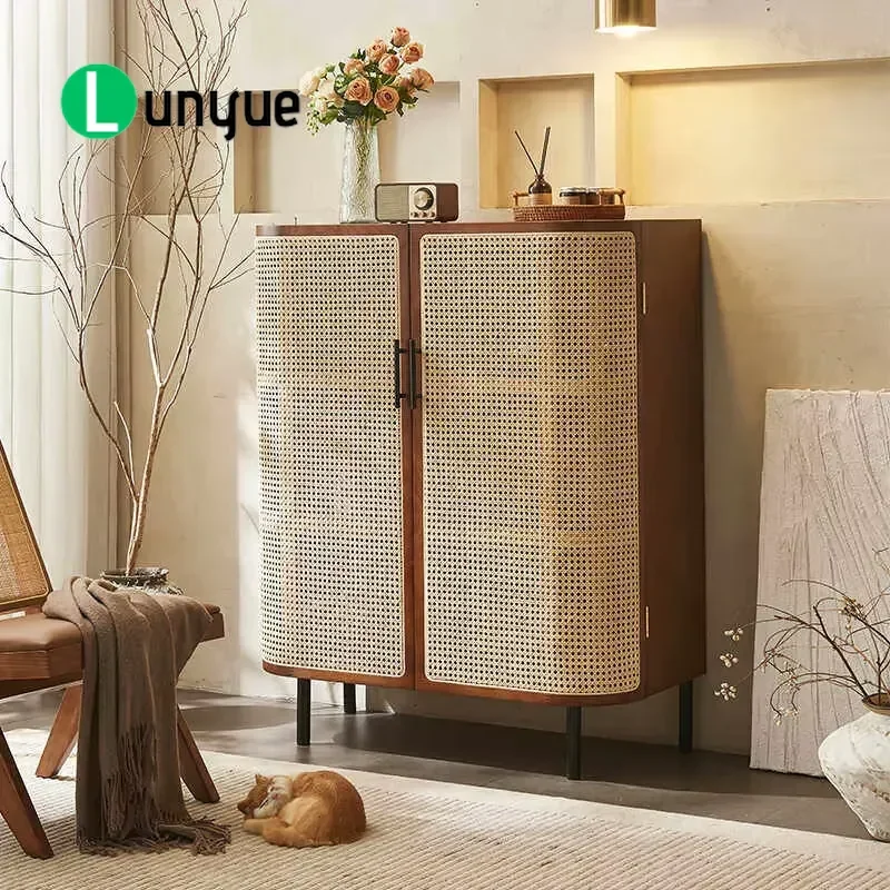Modern Nordic Solid Wood Rattan Sideboard Durable Storage Cabinet Locker for Living Room Bedroom Home Furniture Decor
