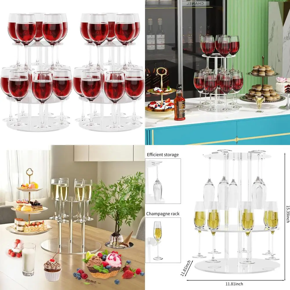 

Double-Tier Acrylic Drink Dispenser & 12-Slot Wine Rack with 2 Champagne Flute Holders for Parties & Celebrations, 11.8x11.8x14.