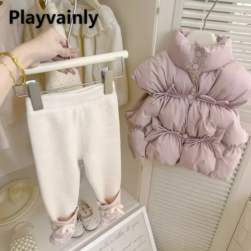 

Autumn Winter Little Girl Warm Outwear Stand Collar Sleeveless Cotton Lining Waistcoat Soft Warm Leggings Children Clothes A6842