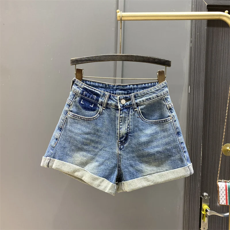 2024 Summer Washed Stitching Color Pocket Zipper Denim Wide Leg Shorts Women High Waist Curl Stretch A- Line Jean Shorts Female