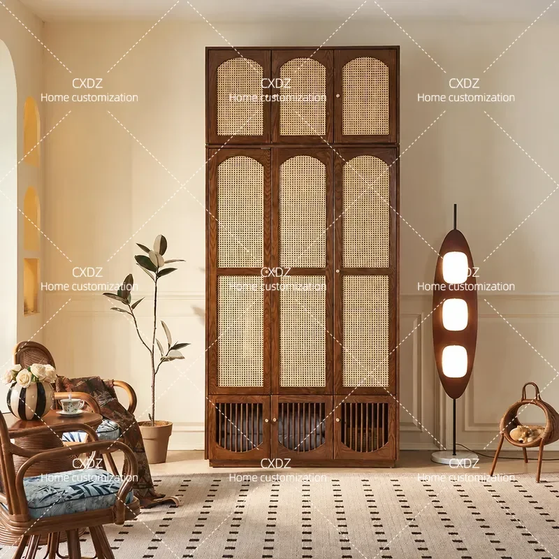 Medieval Rattan Solid Wood Wardrobe Large Capacity Multi-Specification Storage Cabinet with Multi-Functional Partition for