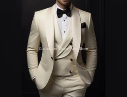 Wedding Suits for Men Solid Color Light Champagne Shawl Lapel Single Breasted One Button 3 Piece Jacket Pants Vest