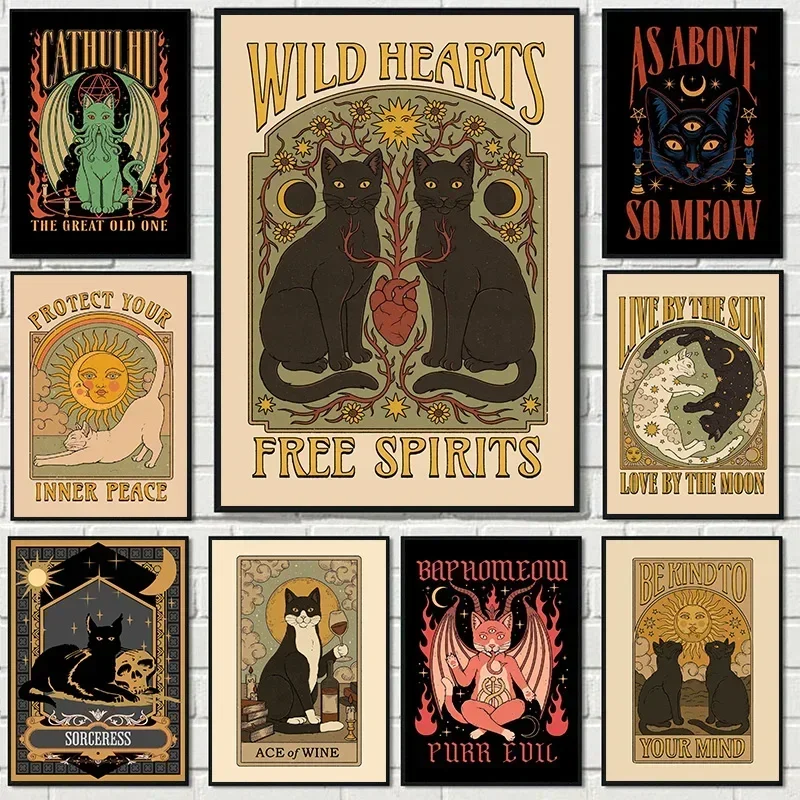 Abstract Cat Vintage Tarot Lovers Sun Wall Art Hd Canvas Print Poster Home Living Room Room Decoration Painting