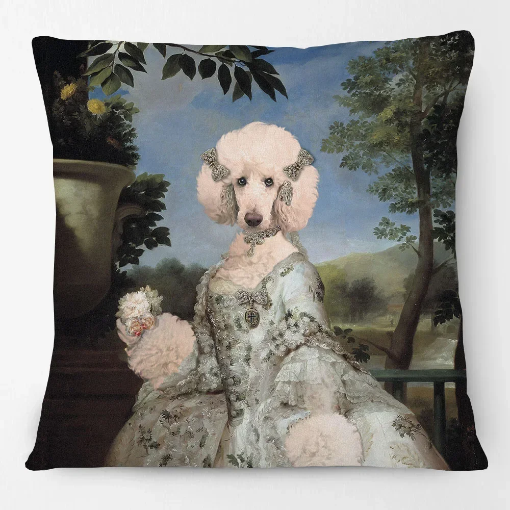 1pcs/SET European Royal Court Poodle Dog Animals Oil Painting Cushion Covers Cat Costume Decorative Linen Pillow Case for Sofa