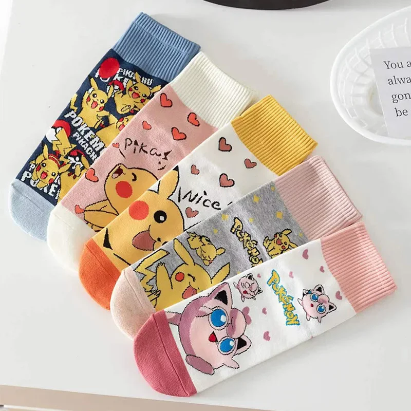 5 Pairs Pokemon Anime Figures Pikachu Jigglypuff Cotton Shortsocks Women Cute  Student Sports Socks Warm Birthday Gifts