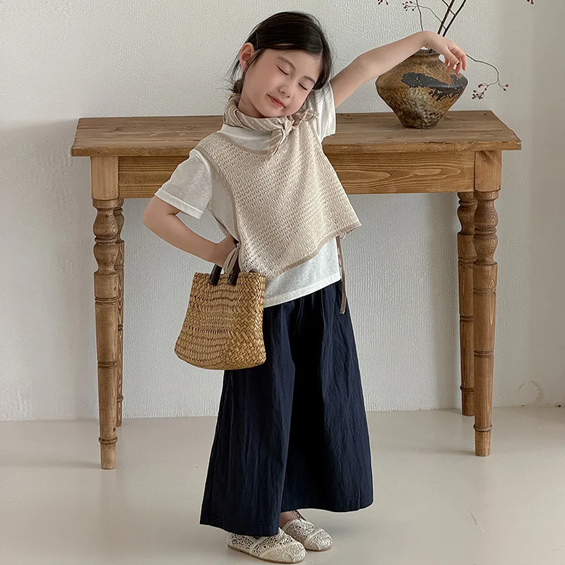 Girls Summer Korean Short Sleeved Fashionable and Versatile Hollow Vest Solid Color Lace Ribbon Pants Three Piece Set