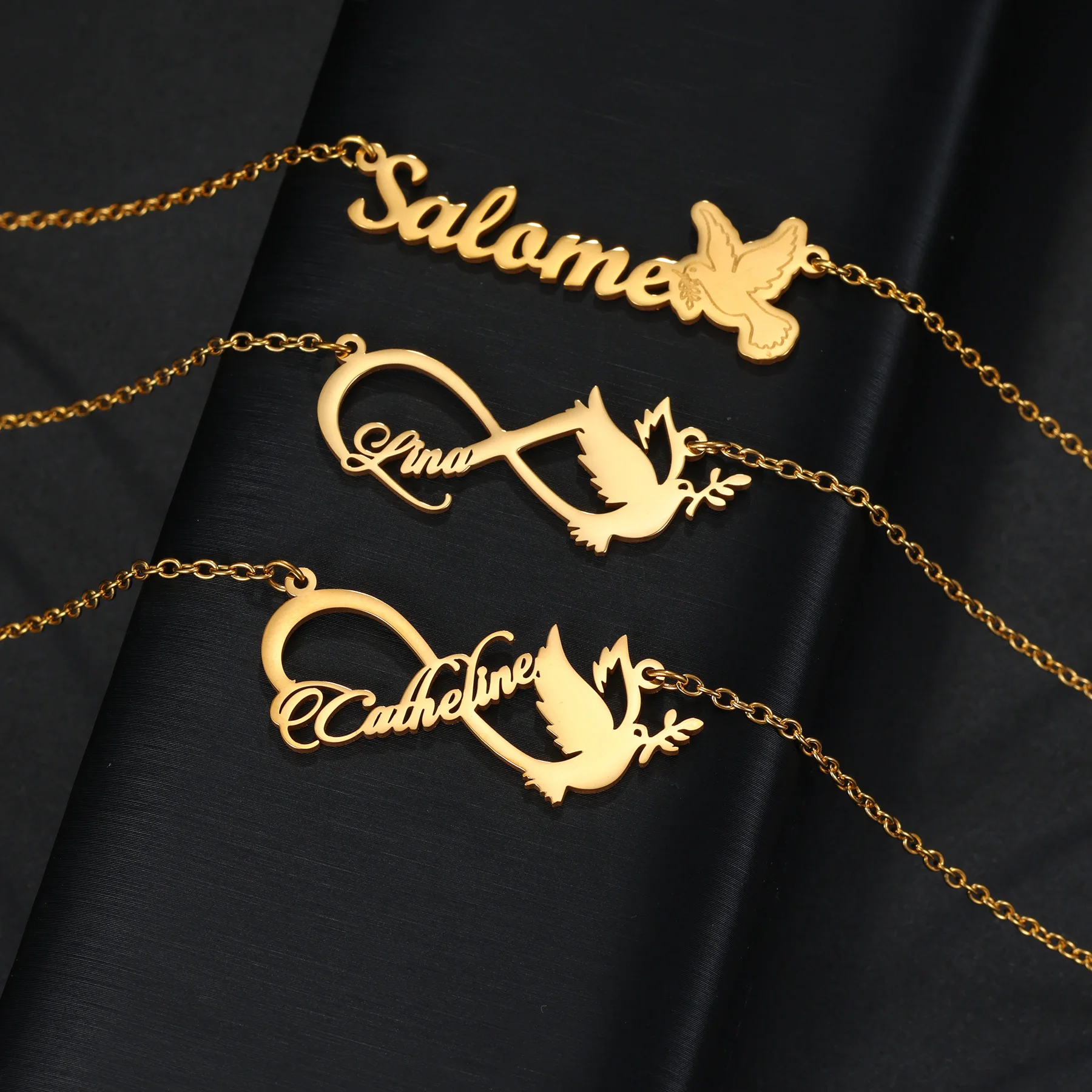 Acheerup Personalized Name Peace Dove Olive Branch Necklace for Women Men Custom Infinity Pendant Stainless Steel Jewelry Gifts