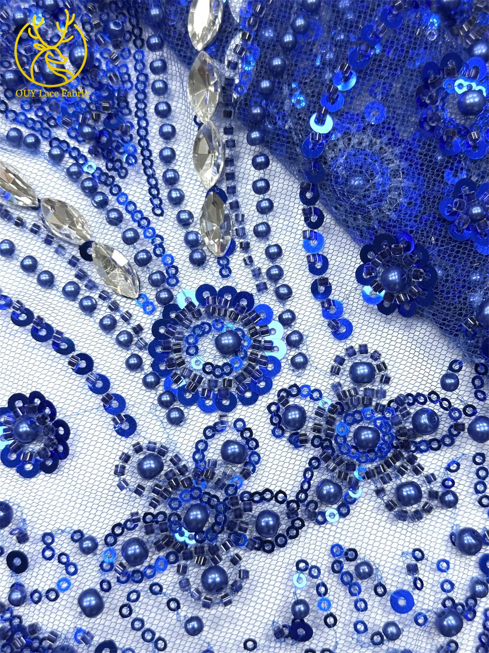Luxuriöser königlicher lila afrikanischer handgefertigter Perlen-Spitzenstoff, französischer Pailletten-Stein-Tüll-Spitzenstoff für Hochzeitskleid-Design – Detail 27