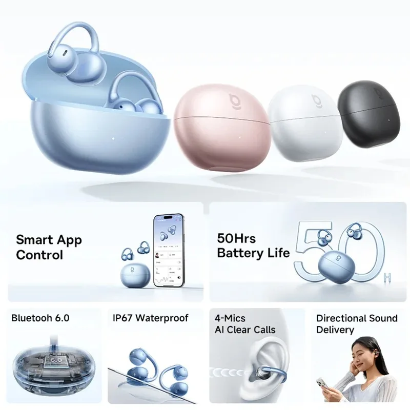 Baseus Bowie MC2 S Ear Clip Earphones Wireless Bluetooth 6.0 Open Earbuds 4-Mic AI Clear Calls 50Hrs Playtime IP67 Headphones