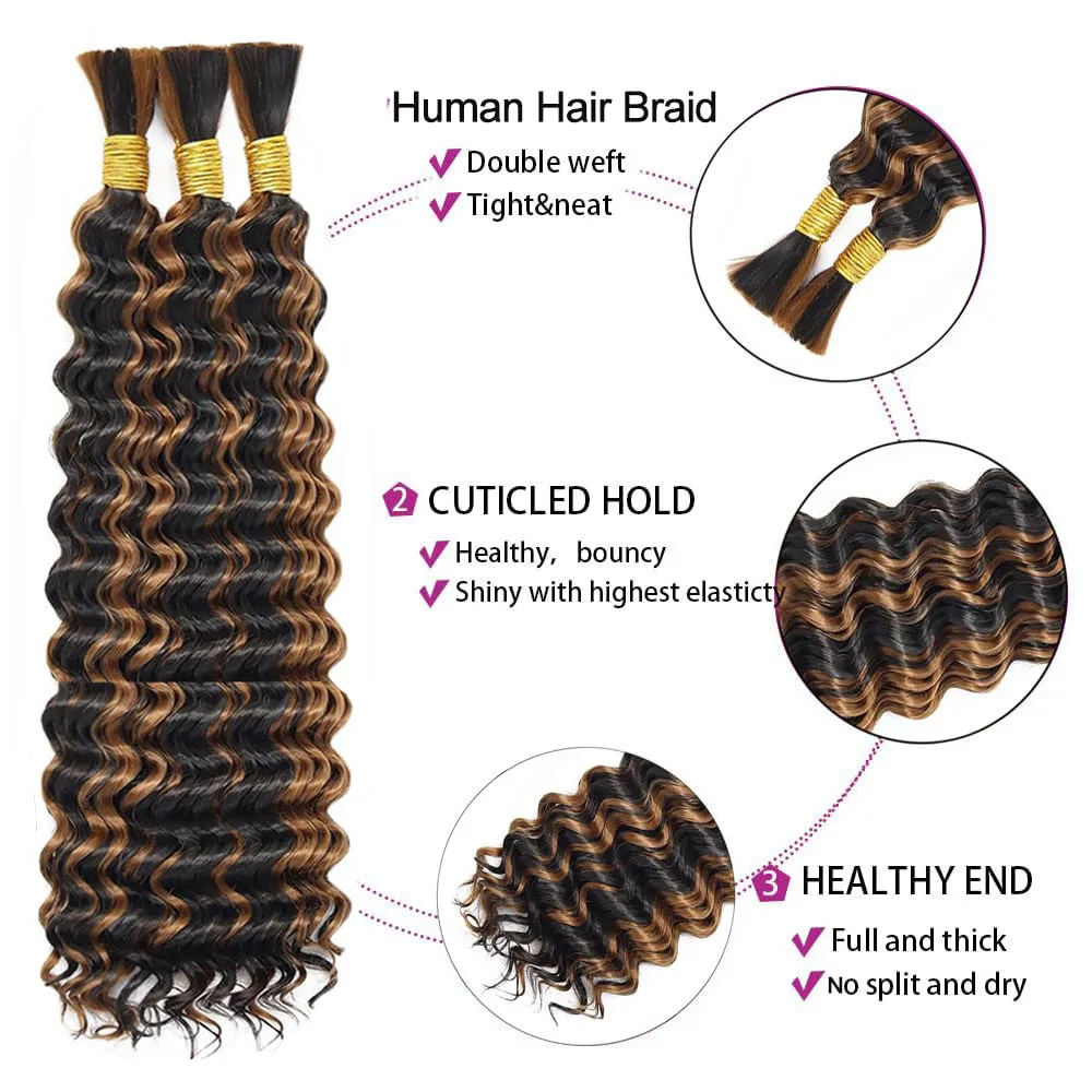 السائبة الشعر البشري للتضفير P1b/30 تسليط الضوء على موجة عميقة مجعد Knotless بوهو الضفائر الأسود أوبورن وصلات شعر بشري QBeauty