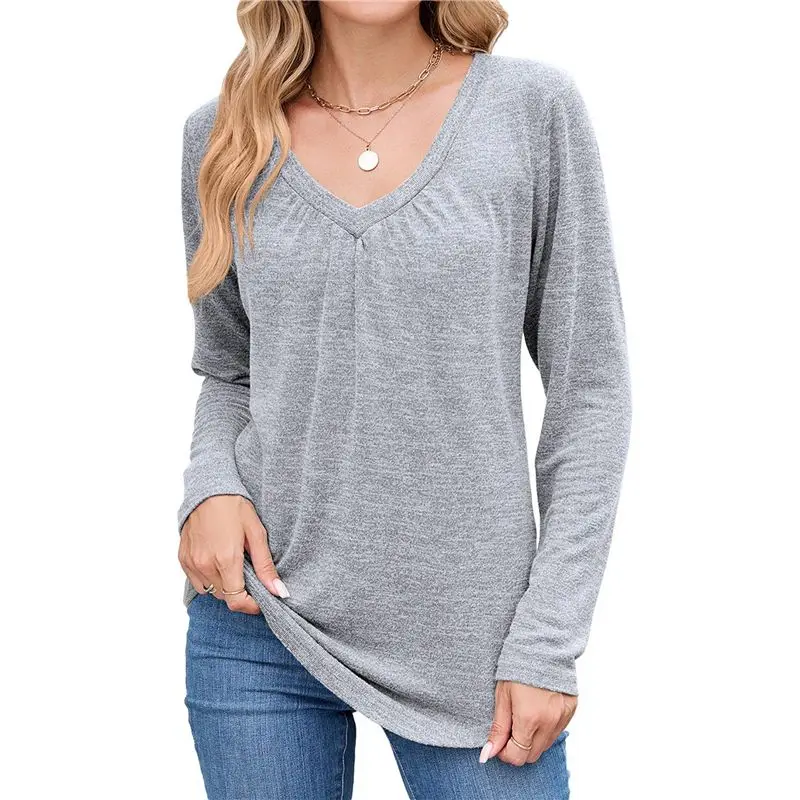 

CYL-Womens Long Sleeve T Shirts V Neck Soft Basic Tee Loose Fit Casual Tops Fall Fashion