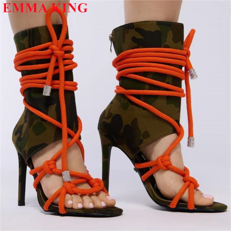 

Fashion Women Rope Cross-tied Sandals Boots Summer Peep Toe Lace Up Ankle Boots Sexy Cutouts High Heels Gladiator Sandals Woman