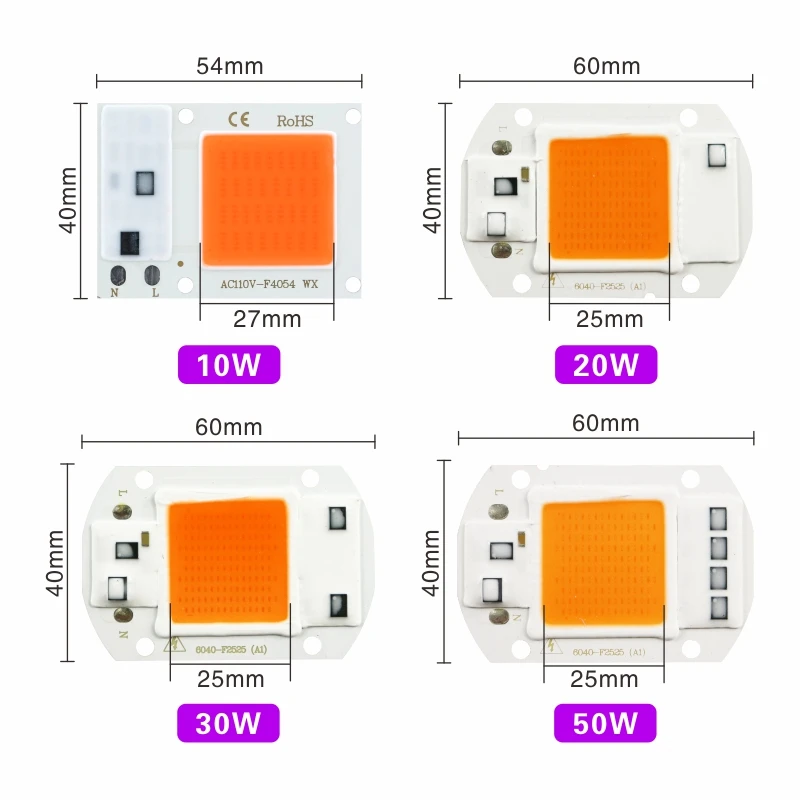 Volledige Spectrum Led Grow Chip 10W 20W 30W 50W 110V 220V Cob Licht Groeien chip 380nm-780nm Voor Indoor Plant Zaailing Groeien En Bloem