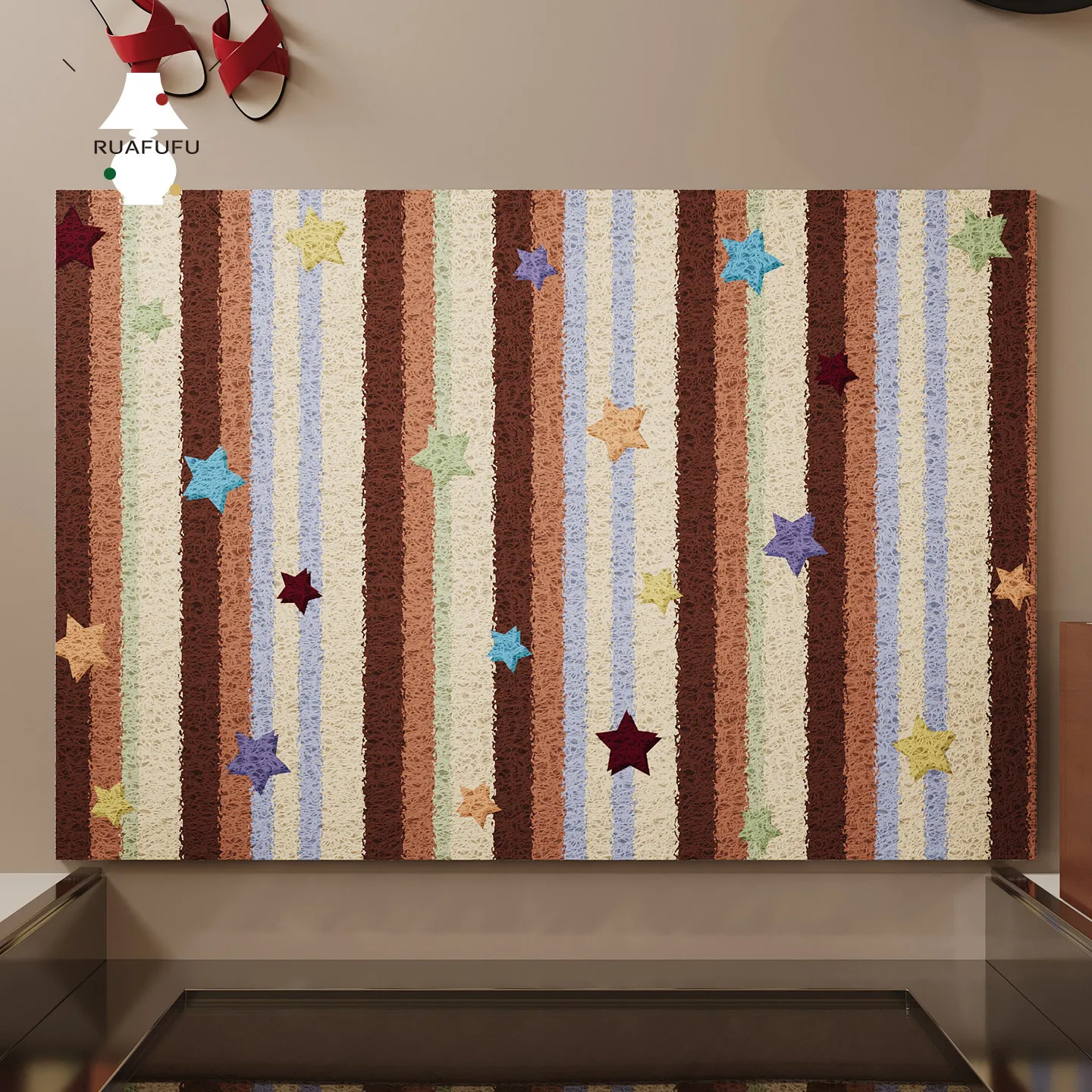 Aesthetic Vintage Vertical Stripe Doormat PVC Silk Loop Non-Slip Welcome Rug Cute Bohemian Pattern Dirt Trapper Mat for Entryway