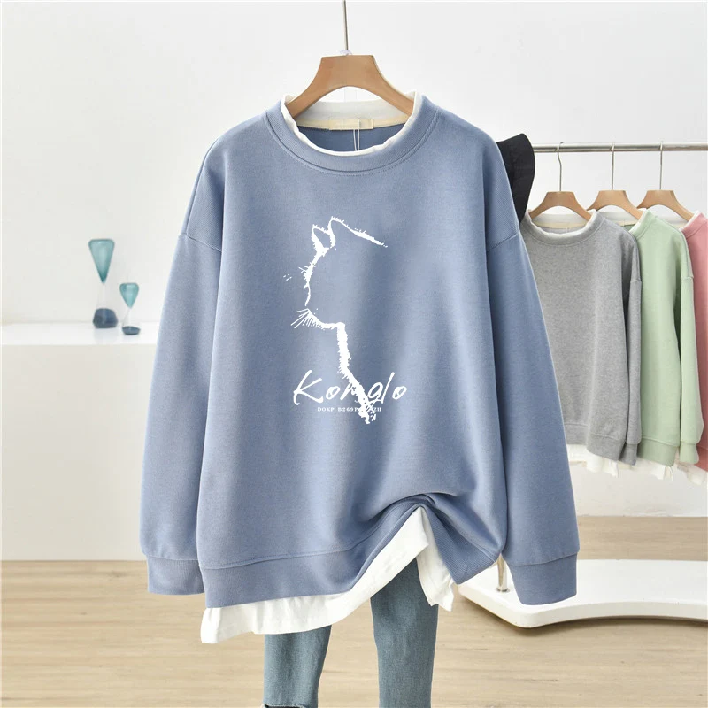 DAYIFUN-Übergroße Hoodies Frauen O-Ausschnitt Sweatshirts Cartoon Print Tops Plus Größe gefälschtes zweiteiliges Design Frühling Herbst neue 2024 Top