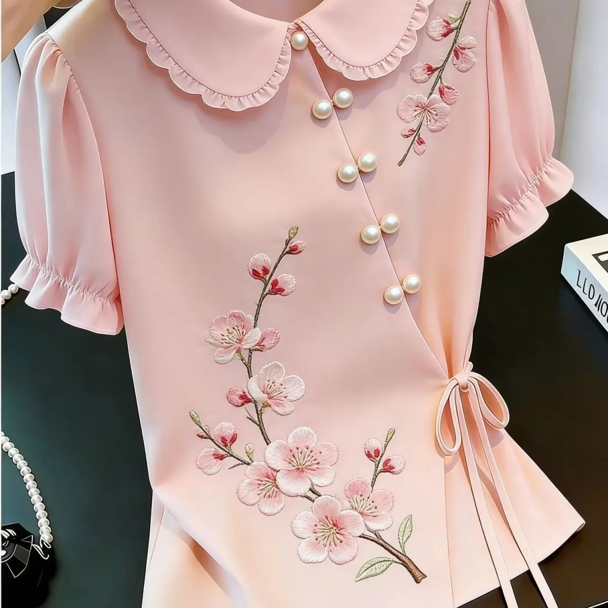 Chinese Style Embroidered Tie-up Shirt 2026 Summer Women Short Sleeve T-shirt Female Elegant Pink Shirt Office Lady Base Shirt view 2