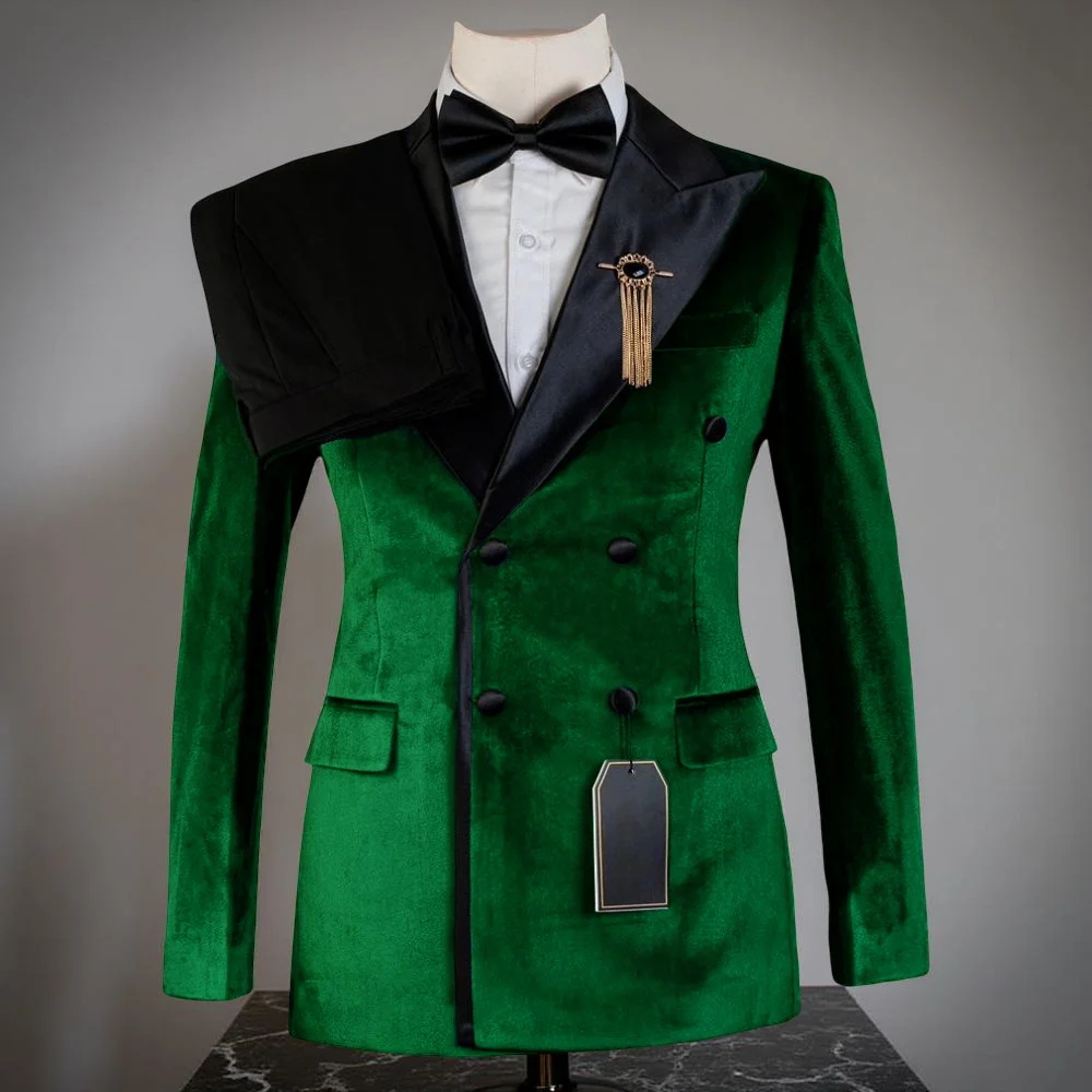 

Velvet Double Breasted Men Suits for Prom Peak Lapel Jacket with Black Pants 2 Pieces Celebrity Party Male Fashion Suit