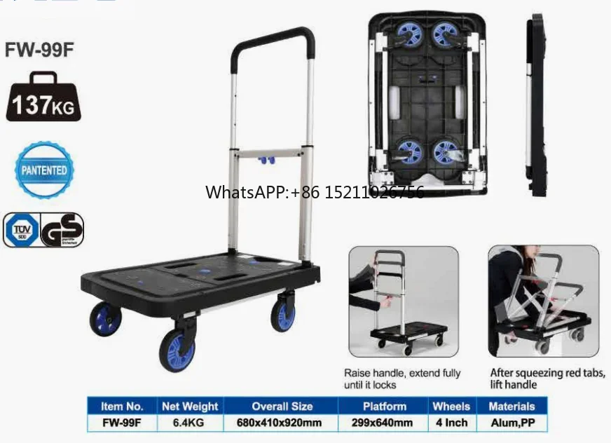 135KG Aluminum Trolley Hand Truck Shopping Trolleys Carton Shopping Carts Good Price Heavy Duty Storage Box Platform Trolley