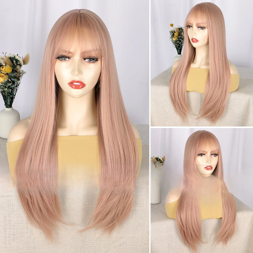 女性のファッションロングストレートヘア合成かつら自然に通気性のある高温シルク化学繊維ヘッドギア