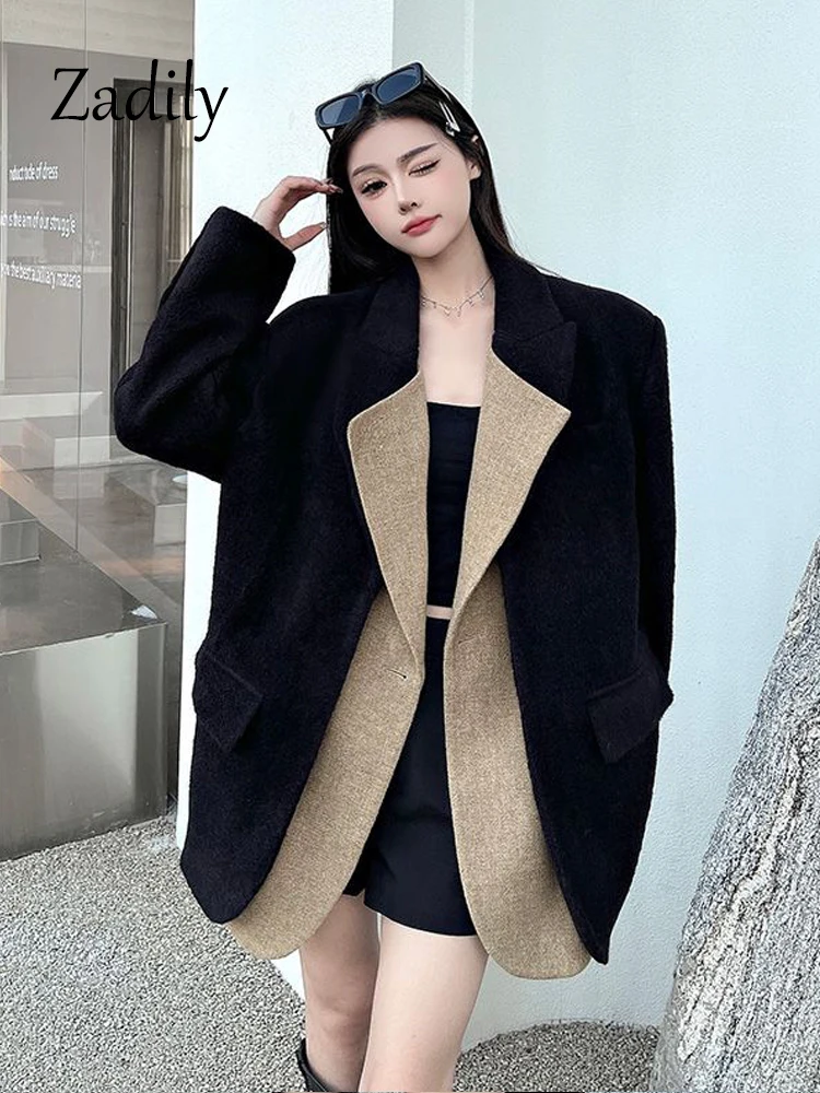 Zadily 2023 Winter Office Lady Long Sleeve Women Oversize Blazer Korea Style Work Fake two pieces Suits Female Coat CLothing