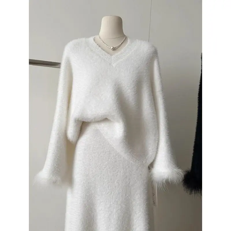 Women Soft Fuzzy V Neck Knit Sweater Midi Skirt Two Piece Outfit Elegant Casual Sets Autumn Winter