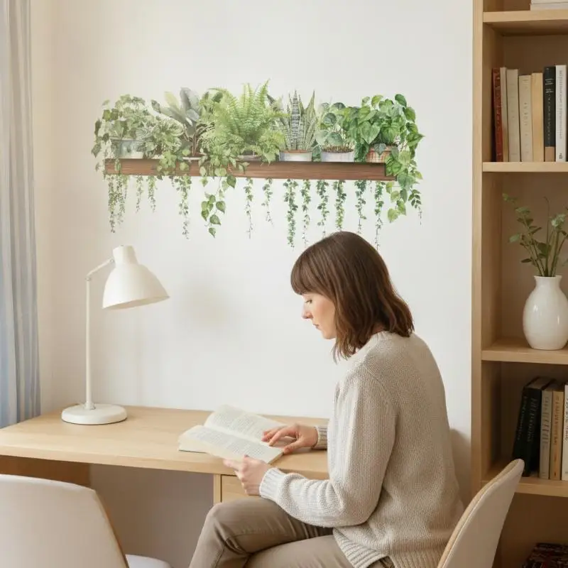 1 Sheet Wooden Shelf Potted Greenery Mural 3D Green Hanging Plants Wall Sticker Removable Kitchen Living Room Home Decor