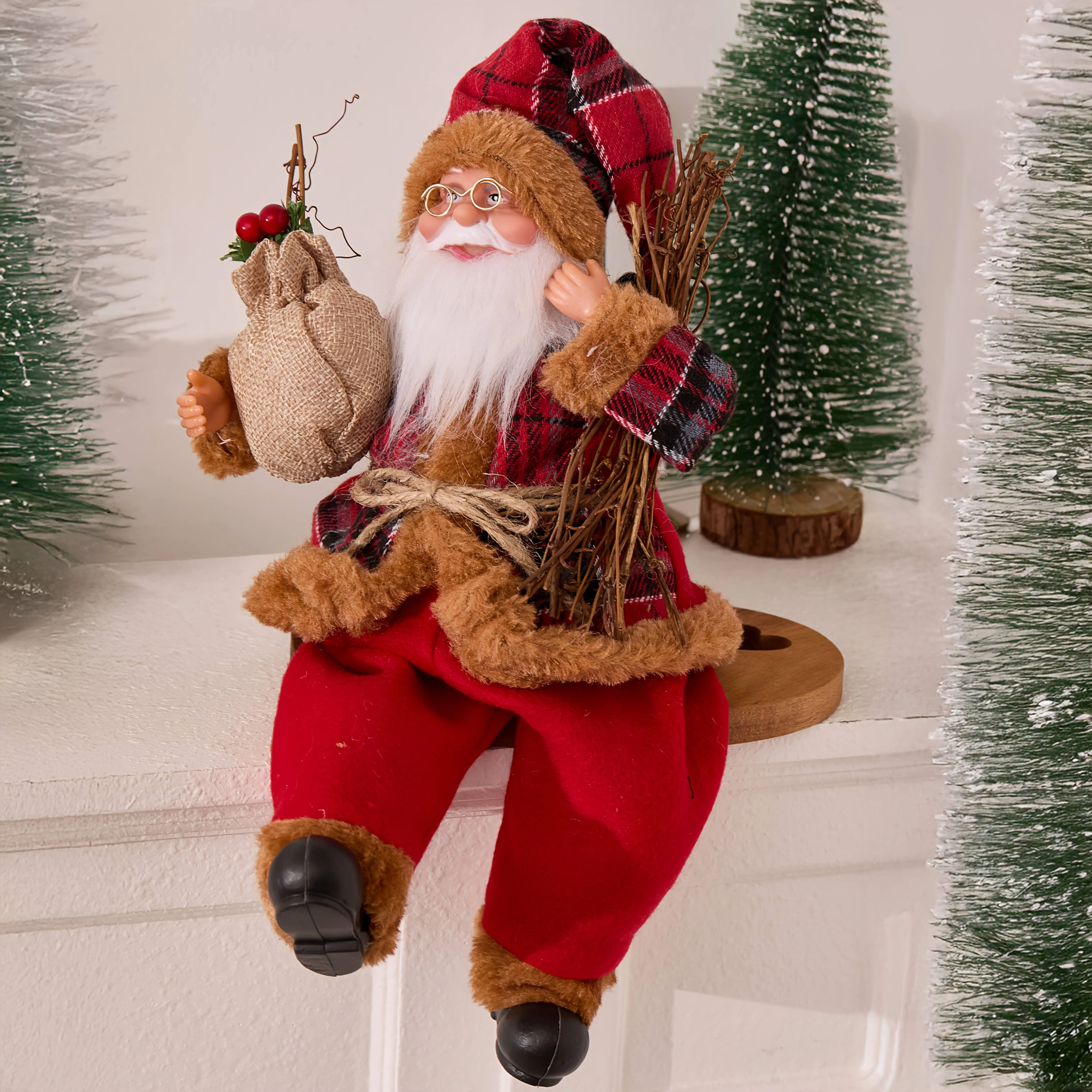 13 Inch Collectible Sitting Santa Doll, Holiday Indoor Decor Ornament Gift, Christmas New Year Present for Friends