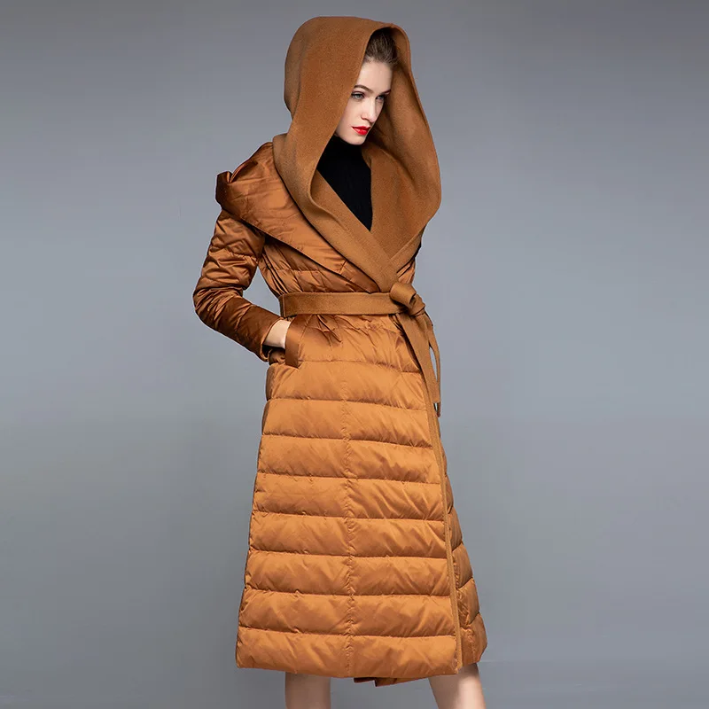 Luxo de alta qualidade acolchoado engrossar quente jaqueta feminina inverno novo cordão meados de comprimento pato branco para baixo jaqueta das mulheres